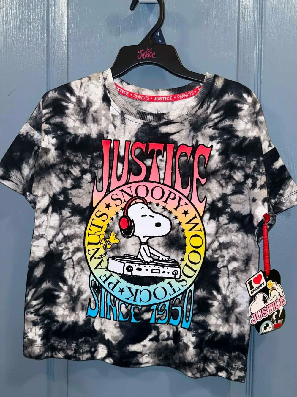 Justice Black & White Tie-Dye Snoopy DJ Graphic Tee